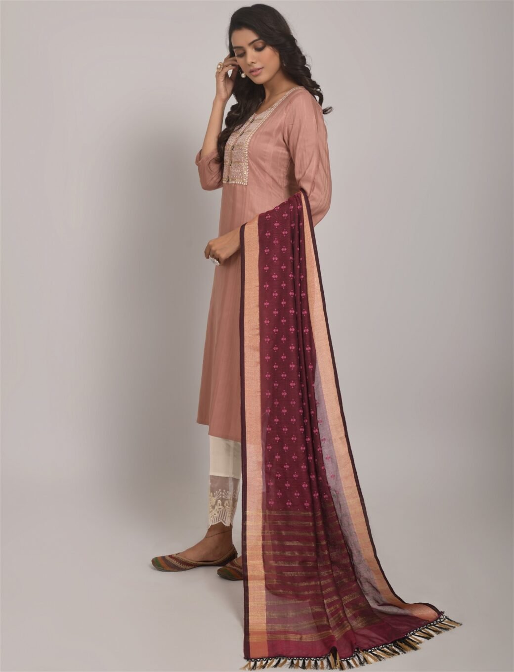 Peach Party Wear Embroidery Worked Kurta With Pant And Duppata Set - Image 3