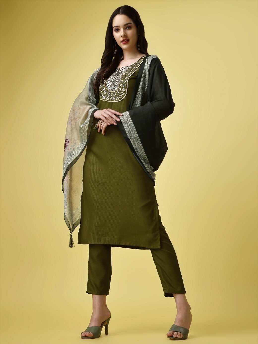 Green Party Wear Embroidery Worked Kurta With Pant And Duppata Set - Image 3