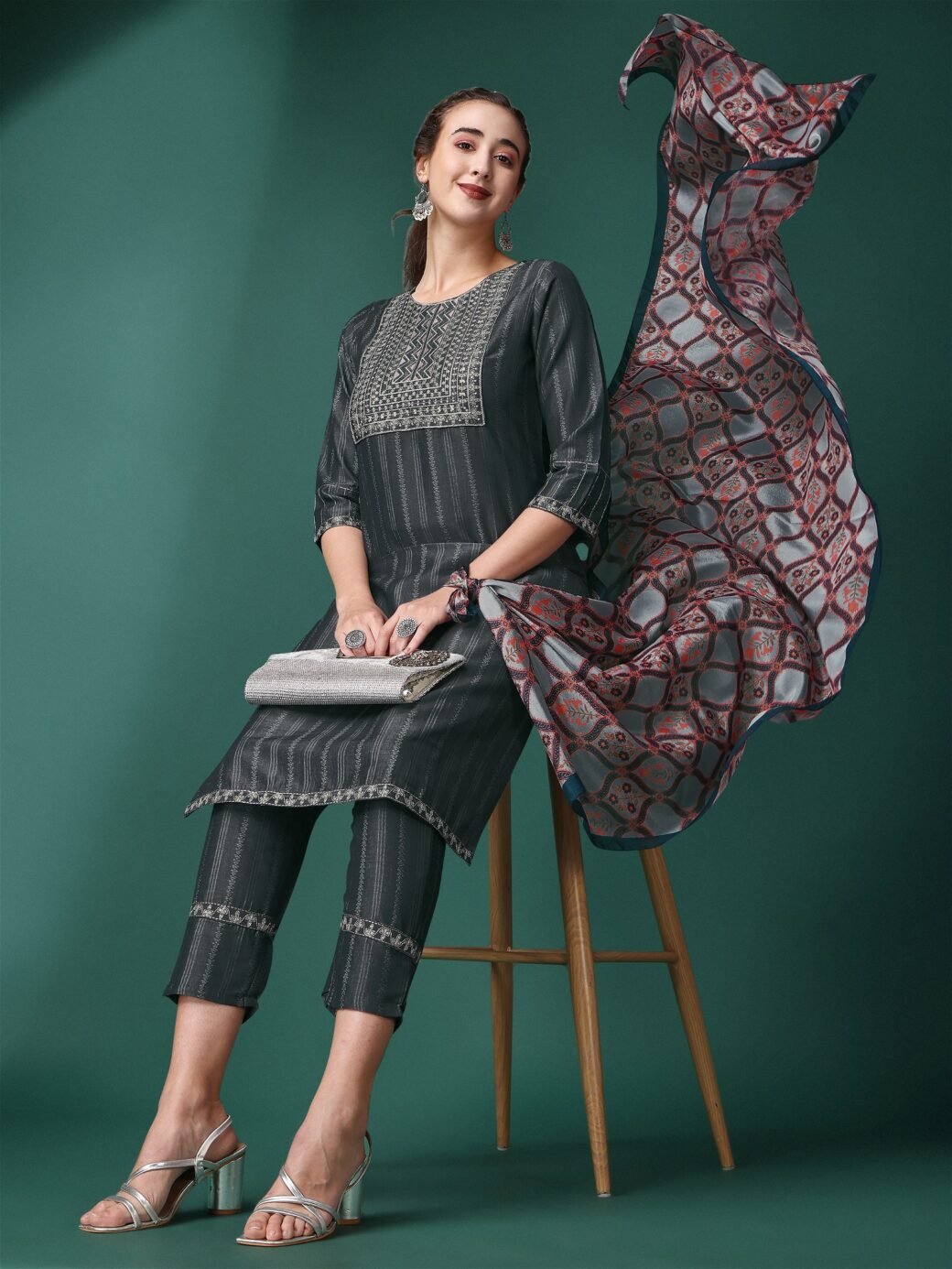 Grey Party Wear Embroidery Worked Kurta With Pant And Duppata Set - Image 3