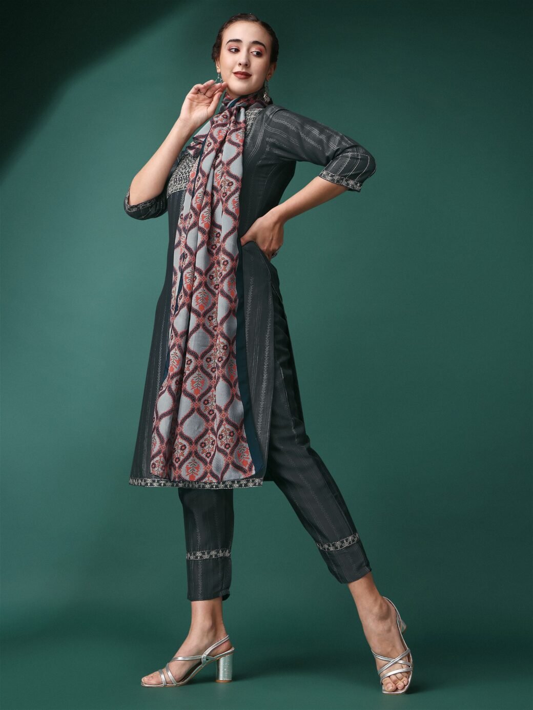 Grey Party Wear Embroidery Worked Kurta With Pant And Duppata Set - Image 4