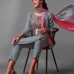 Grey Party Wear Embroidery Worked Kurta With Pant And Duppata Set