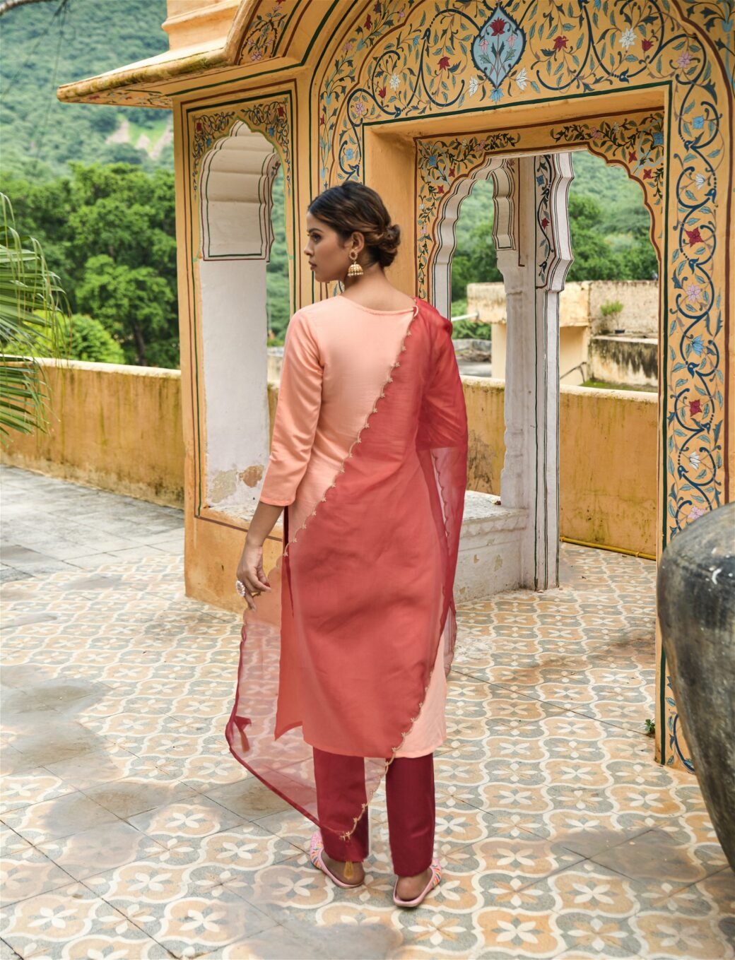 Peach Party Wear Embroidery Worked Kurta With Pant And Duppata Set - Image 2