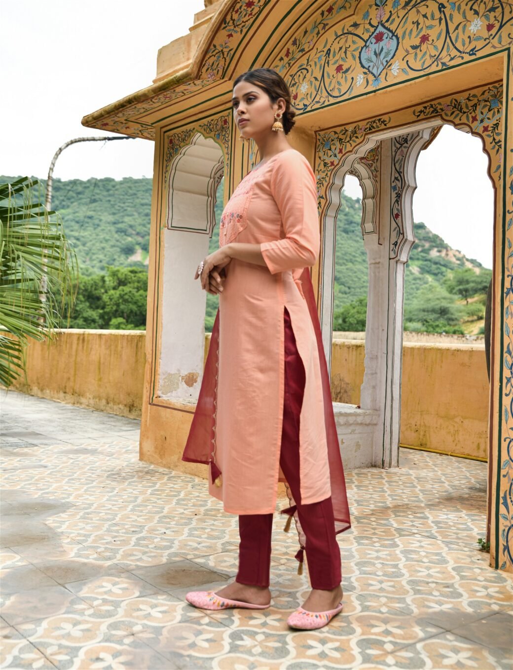 Peach Party Wear Embroidery Worked Kurta With Pant And Duppata Set - Image 3