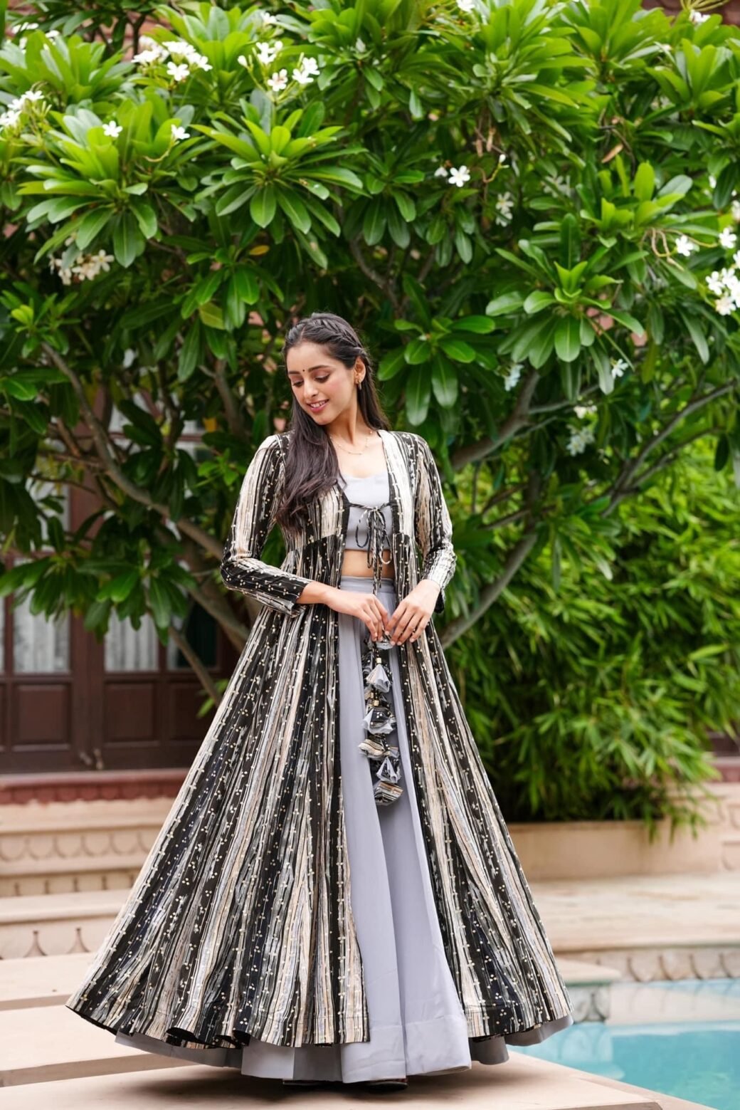 Light Gray Printed  Shrug Style Indo Western Gown For Women - Image 3