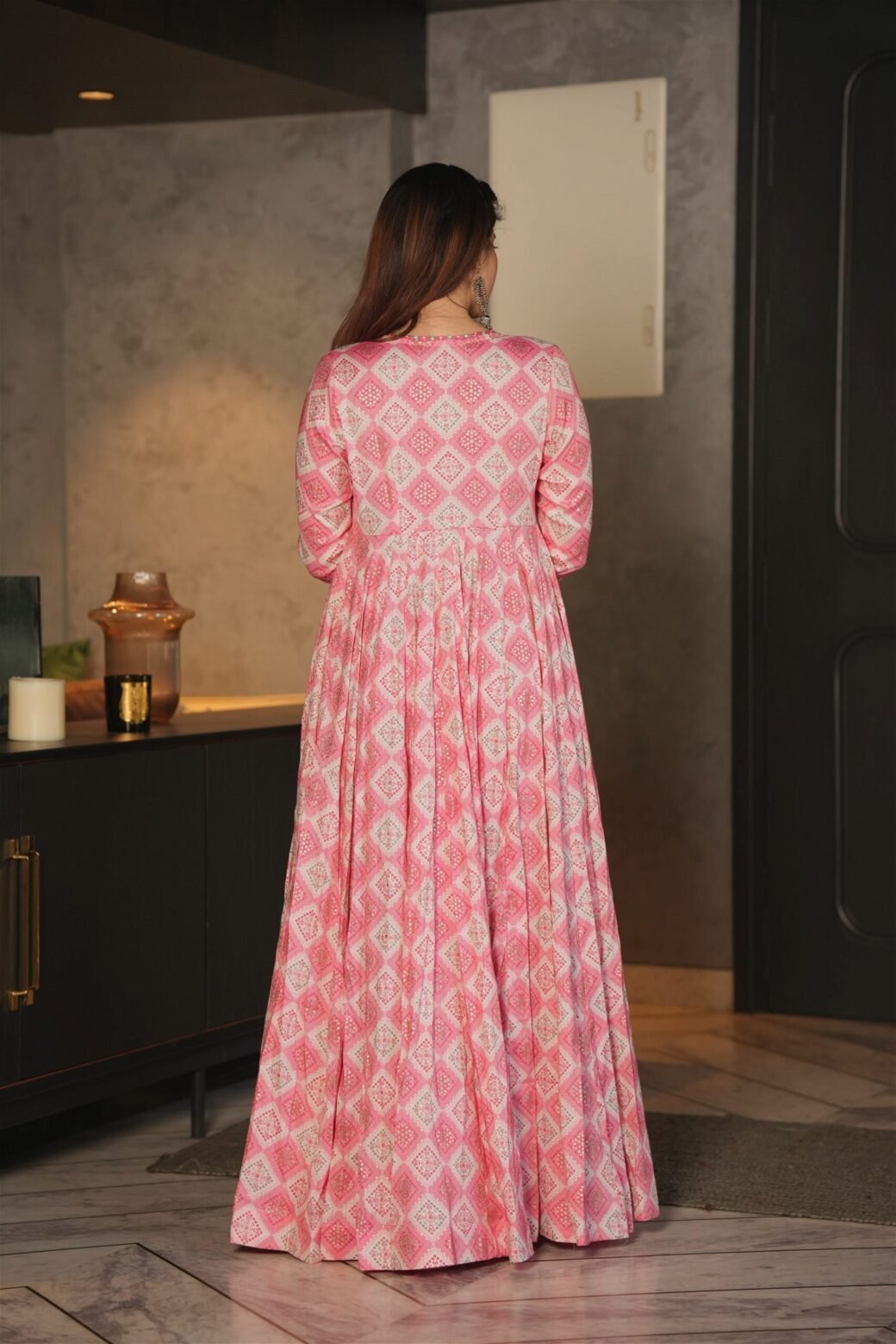 Barbie Pink Printed Shrug Style Indo Western Gown For Women - Image 2