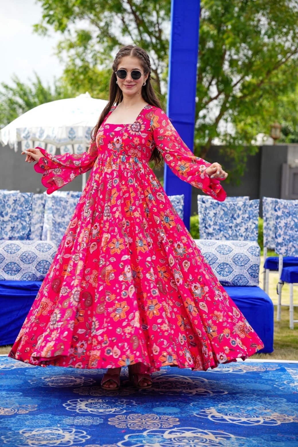 Pink Floral Designer and Stylish Full Flair Gown For Women - Image 2