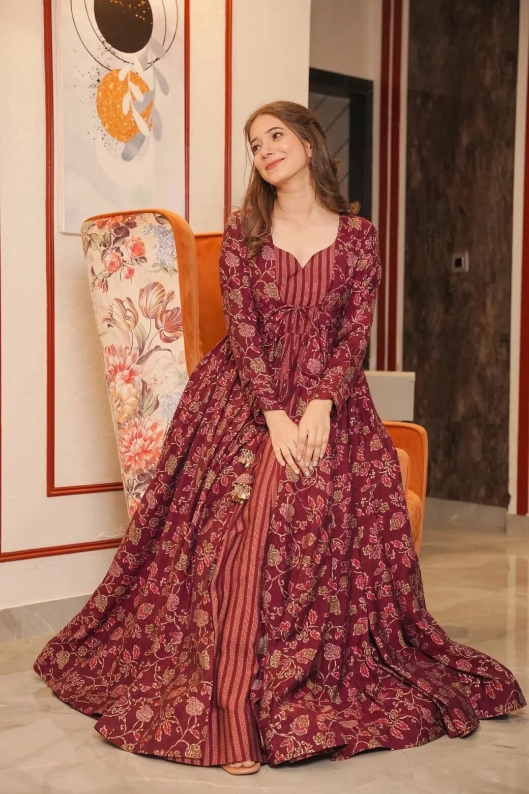 Maroon Floral Full Flair Shrug set for women - Image 2