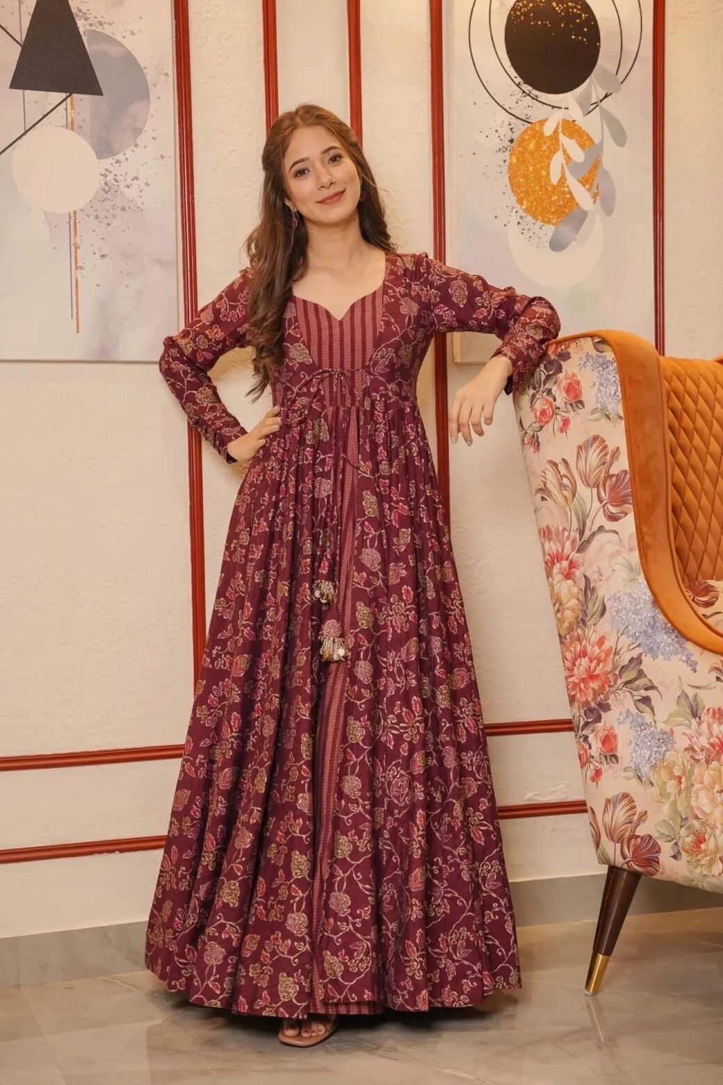 Maroon Floral Full Flair Shrug set for women - Image 3