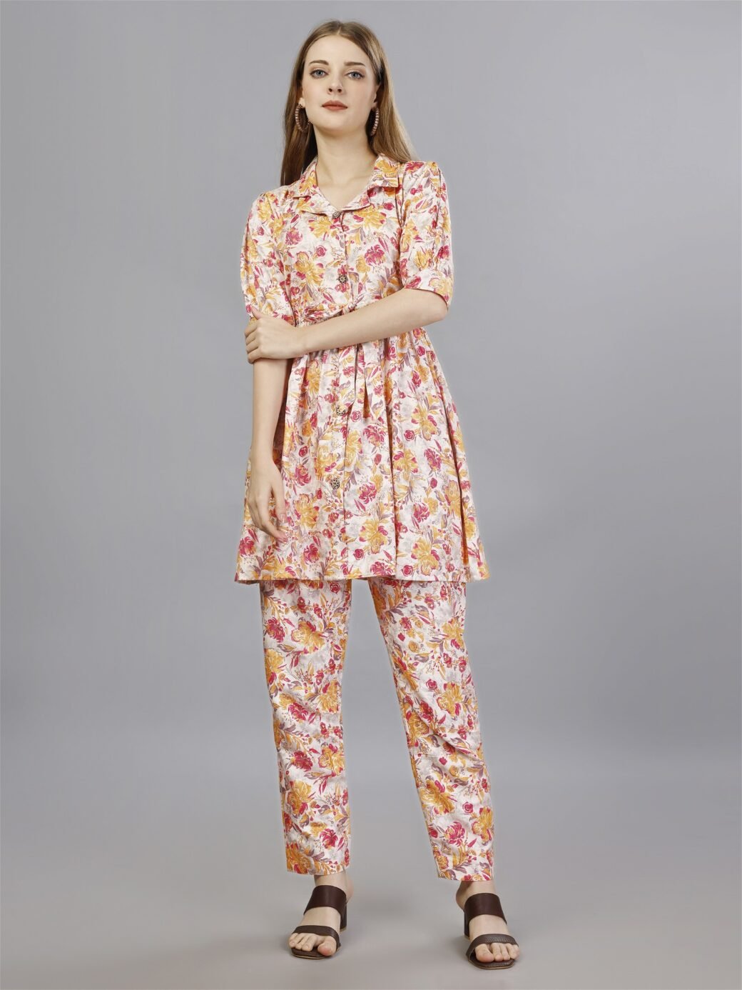 Printed Orange2-Piece Shirt & Trousers Set - Image 2