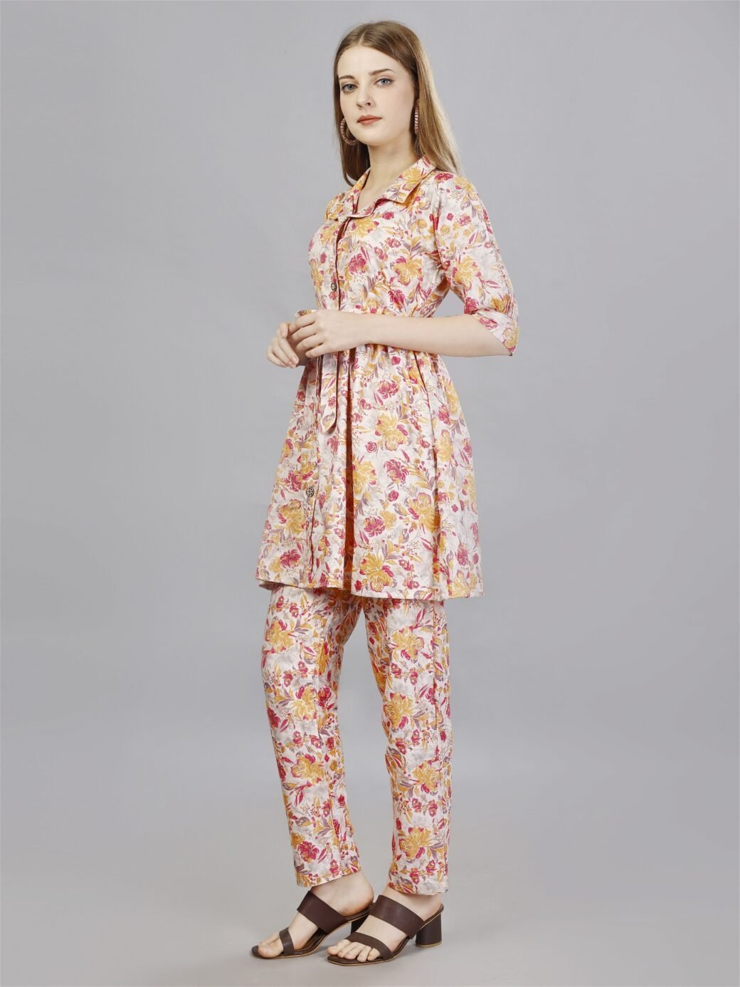 Printed Orange2-Piece Shirt & Trousers Set - Image 3