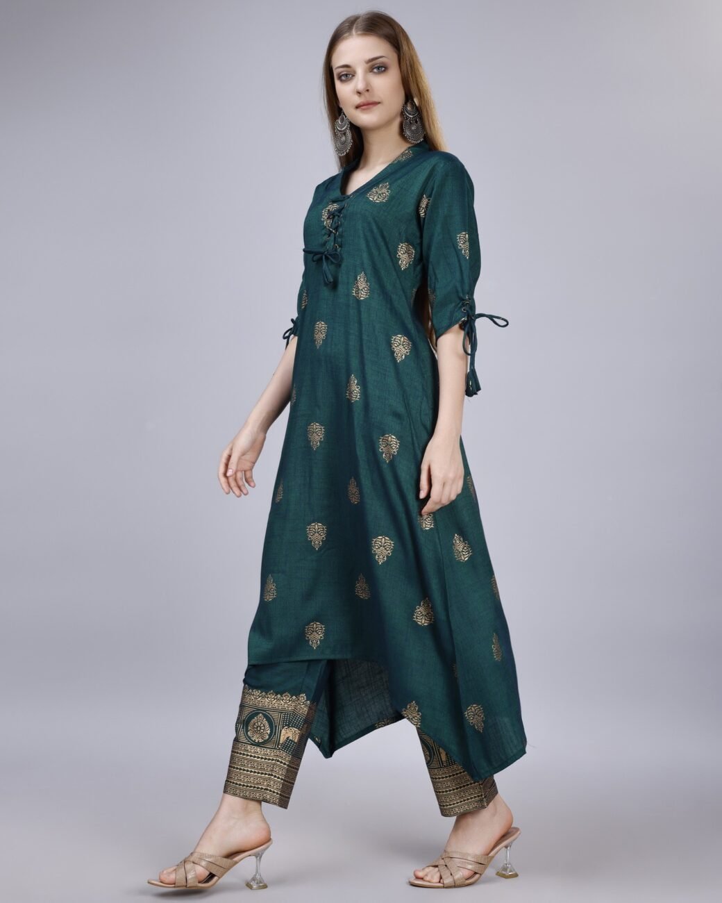 Ethnic Motifs Regular Chanderi Cotton Kurta with Churidar - Image 3