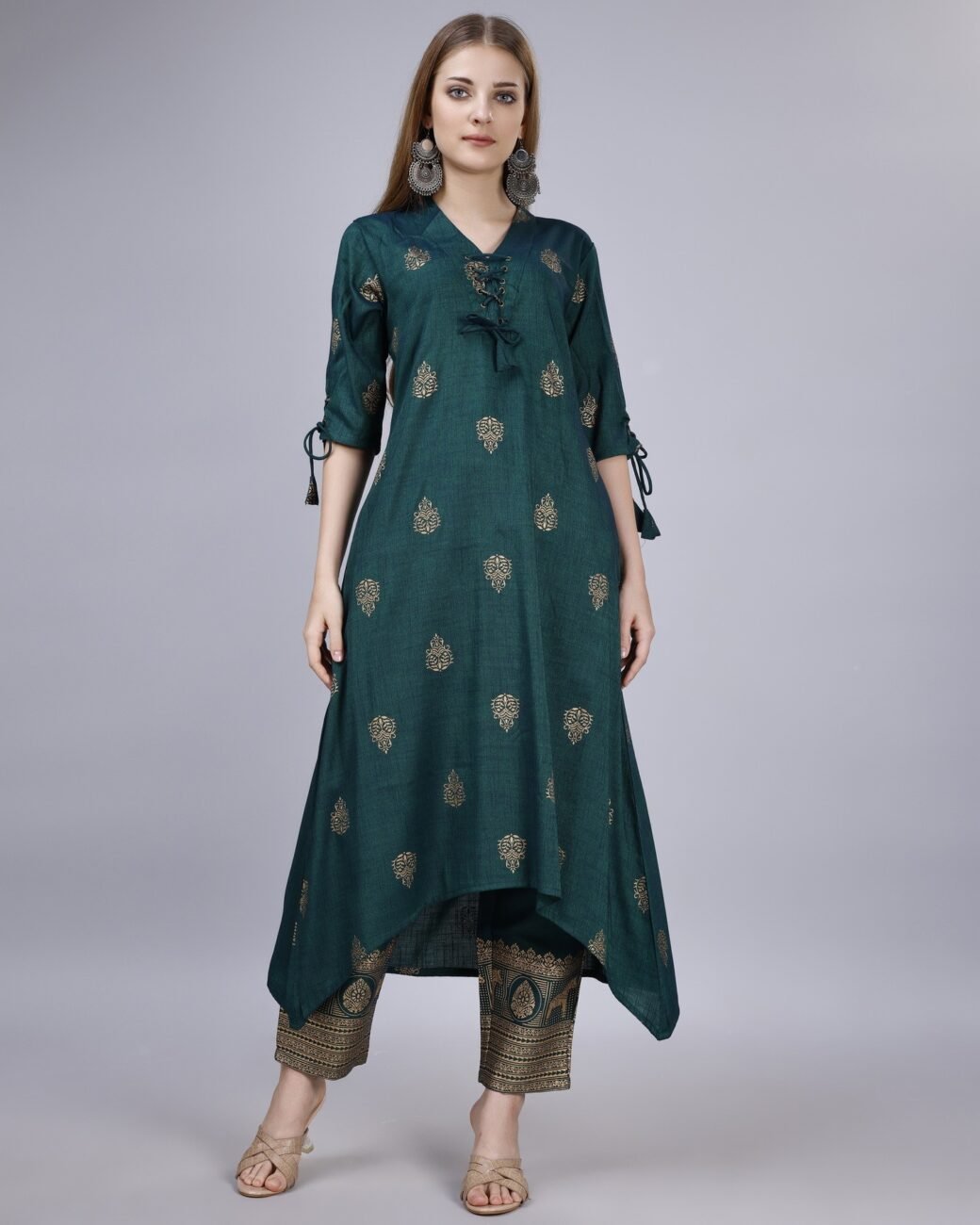 Ethnic Motifs Regular Chanderi Cotton Kurta with Churidar - Image 2