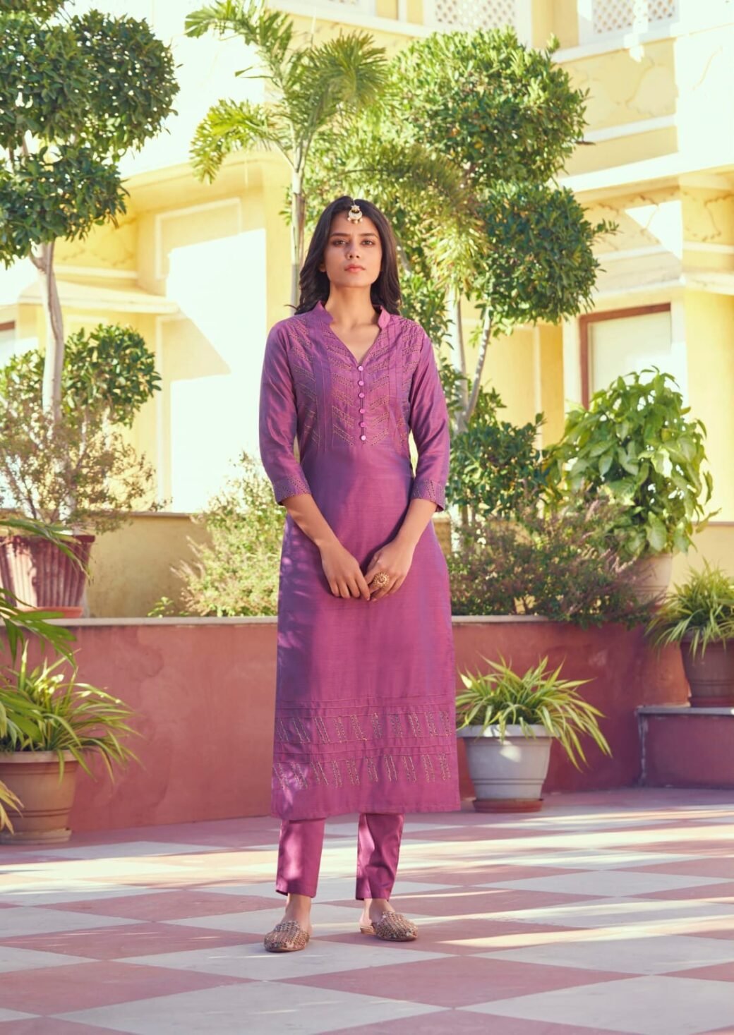 Purple Pink Embroidered  Work Roman Silk Kurta Set