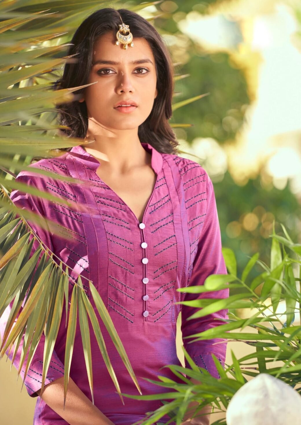 Purple Pink Embroidered  Work Roman Silk Kurta Set - Image 2