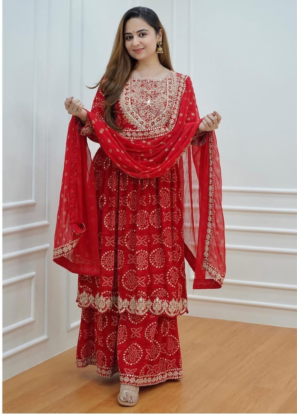 Bandhani Gold zari Embroidery and Sequence Work Red Color Kurti With Sharara & Dupatta Suit Set - Image 2