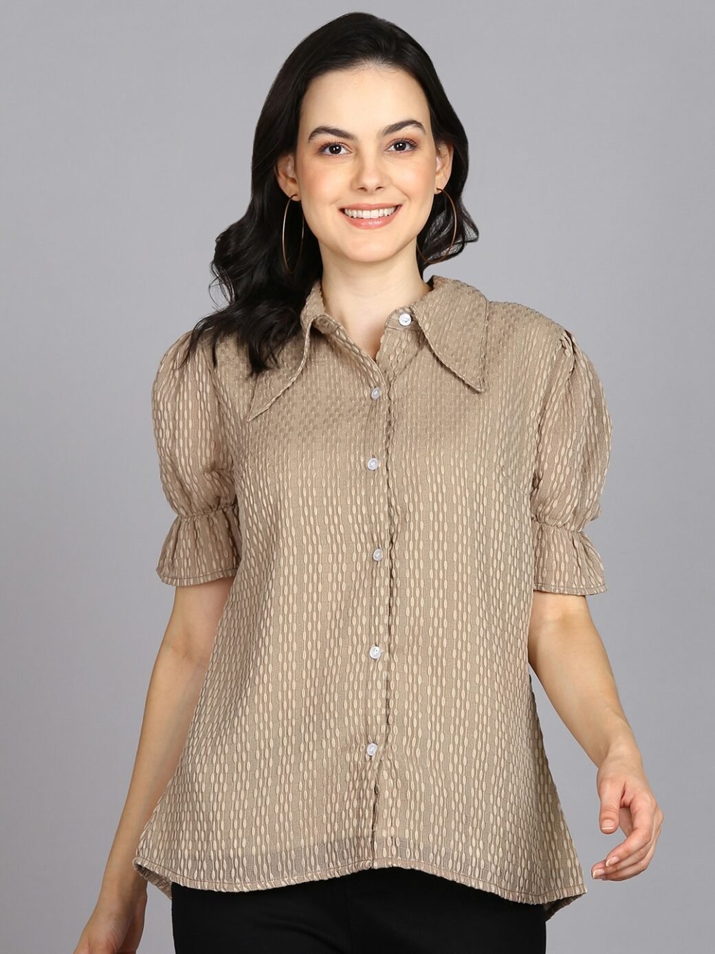 Beige Spread Collar Shirt with Short Sleeves - Image 2