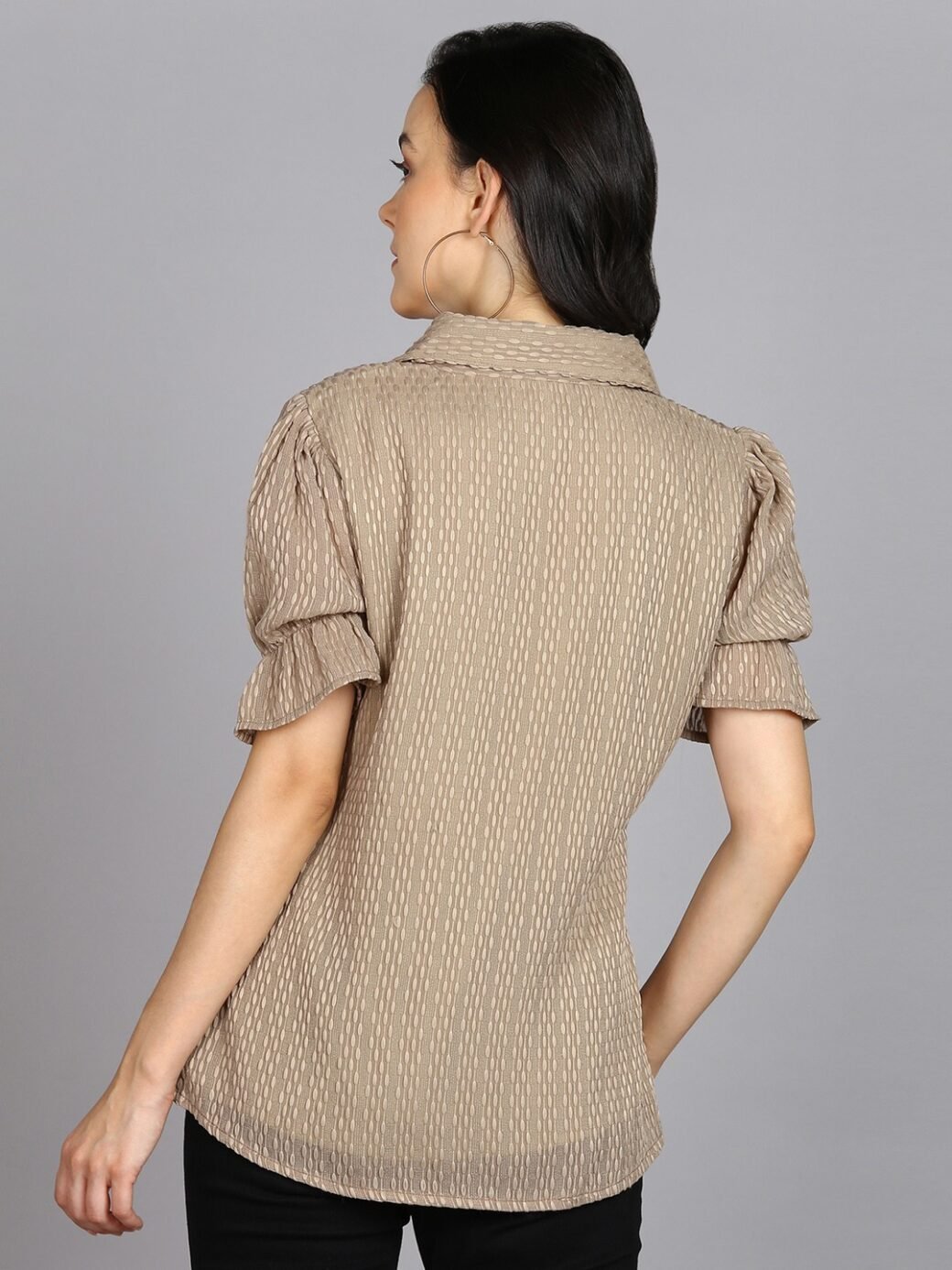 Beige Spread Collar Shirt with Short Sleeves - Image 4