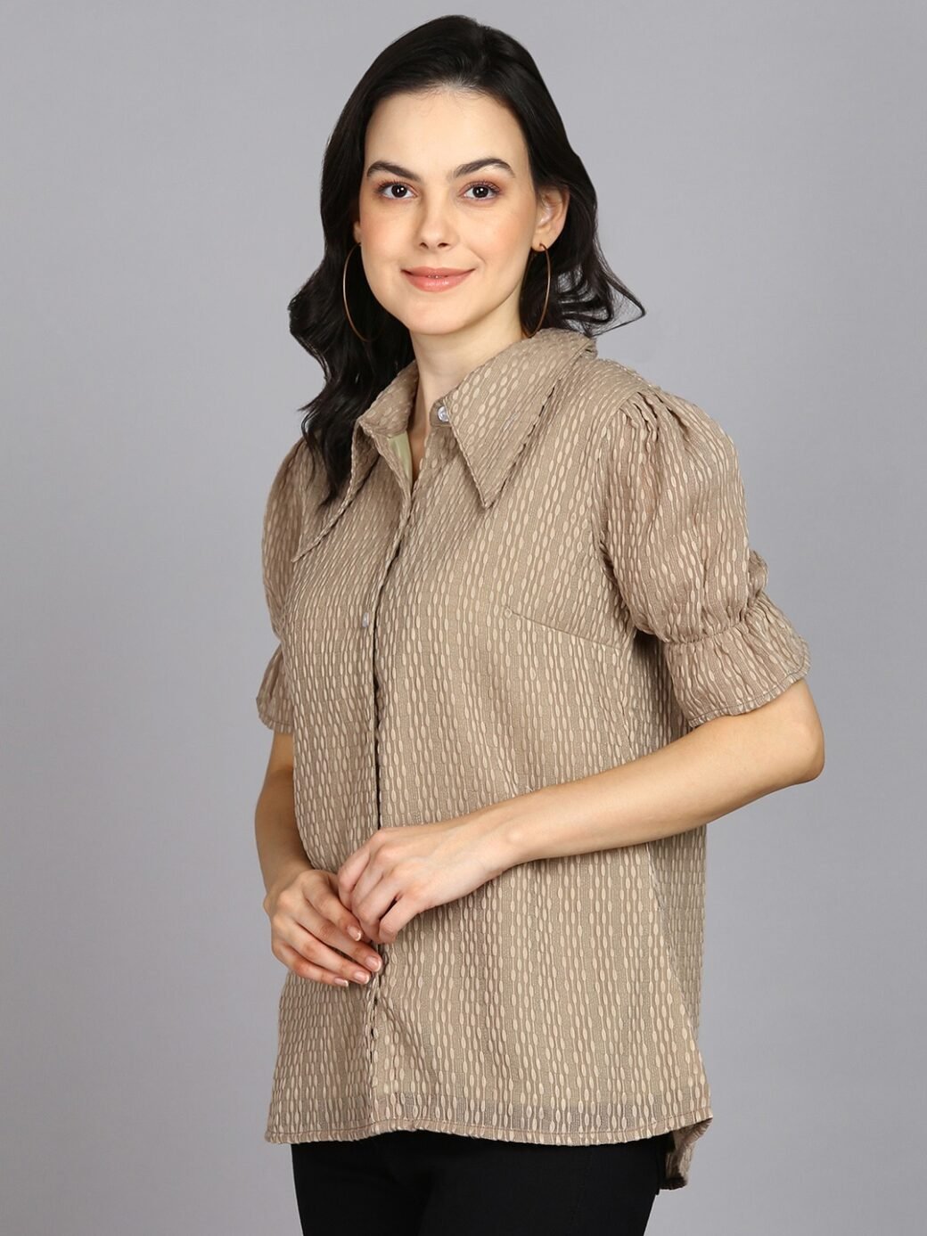 Beige Spread Collar Shirt with Short Sleeves - Image 3