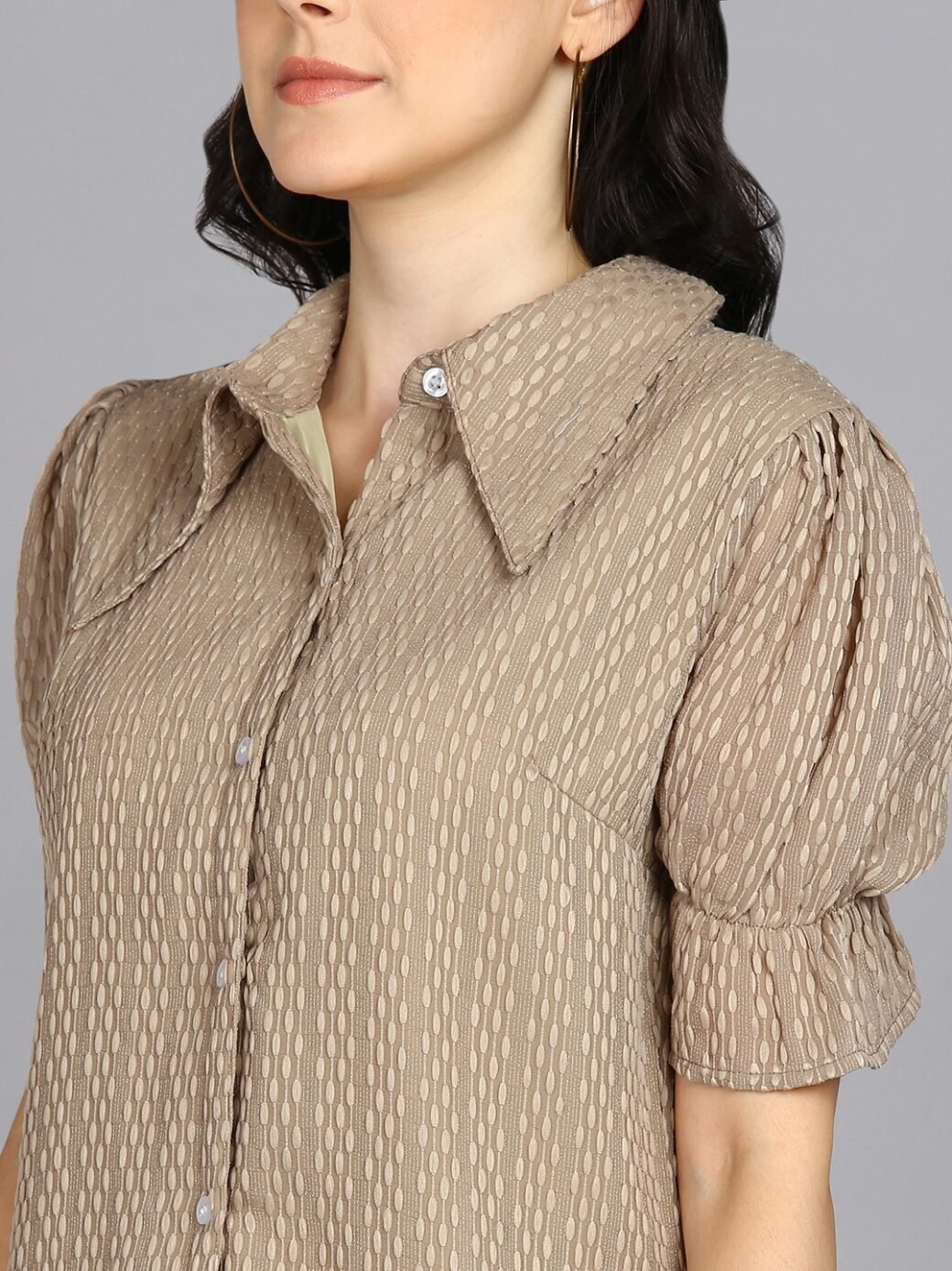 Beige Spread Collar Shirt with Short Sleeves - Image 5