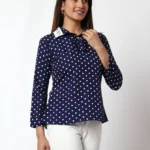 Casual Printed Women Dark Blue Round Neck Top