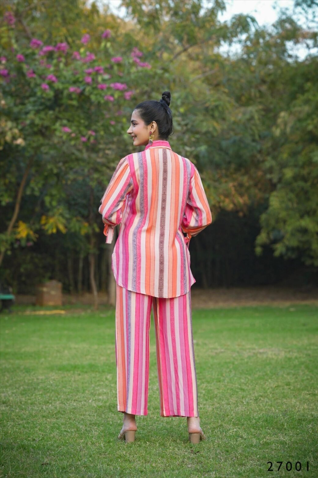 Multi Mull Cotton Candy Stripes Button Down Shirt With Palazzo Co-ord Set - Image 4