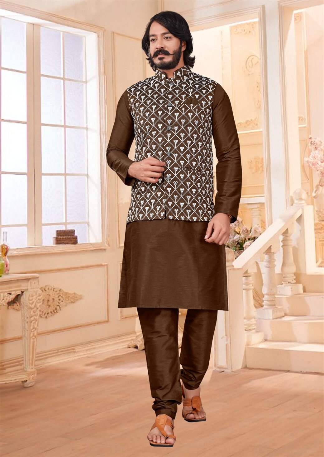 Coffee Colour Mirror Work Modi Jacket With Kurta Pajama