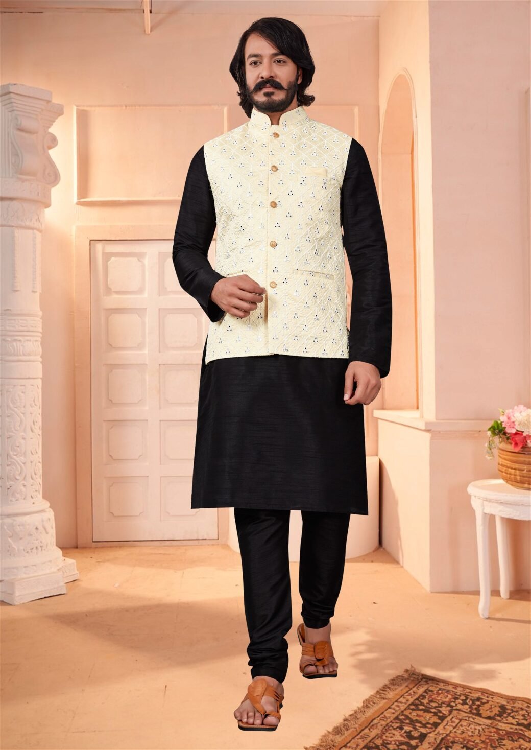 Off White Colour Mirror Work Modi Jacket With Kurta Pajama