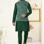 Green Colour Mirror Work Modi Jacket With Kurta Pajama