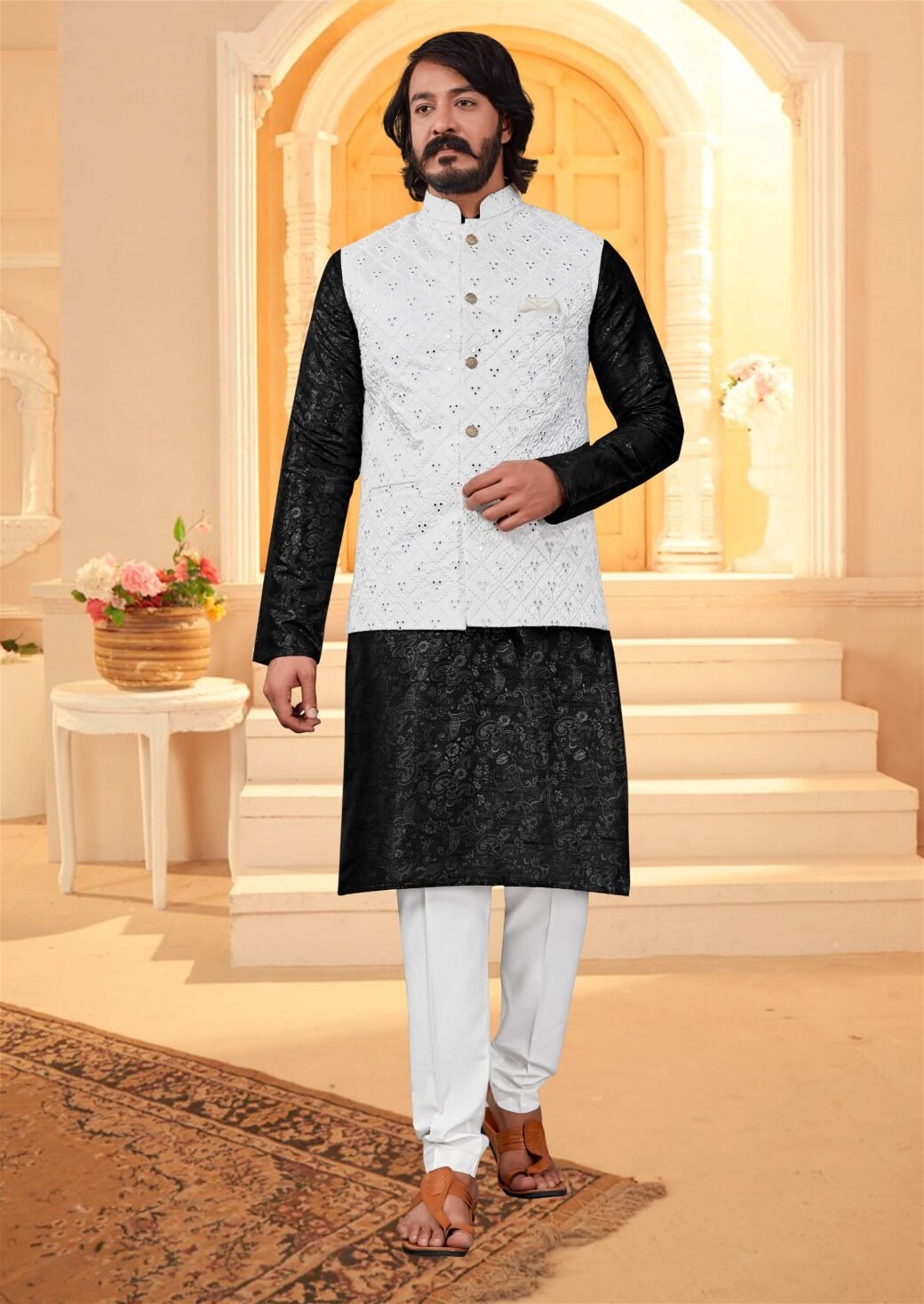 Black Colour Mirror Work Modi Jacket With Kurta Pajama