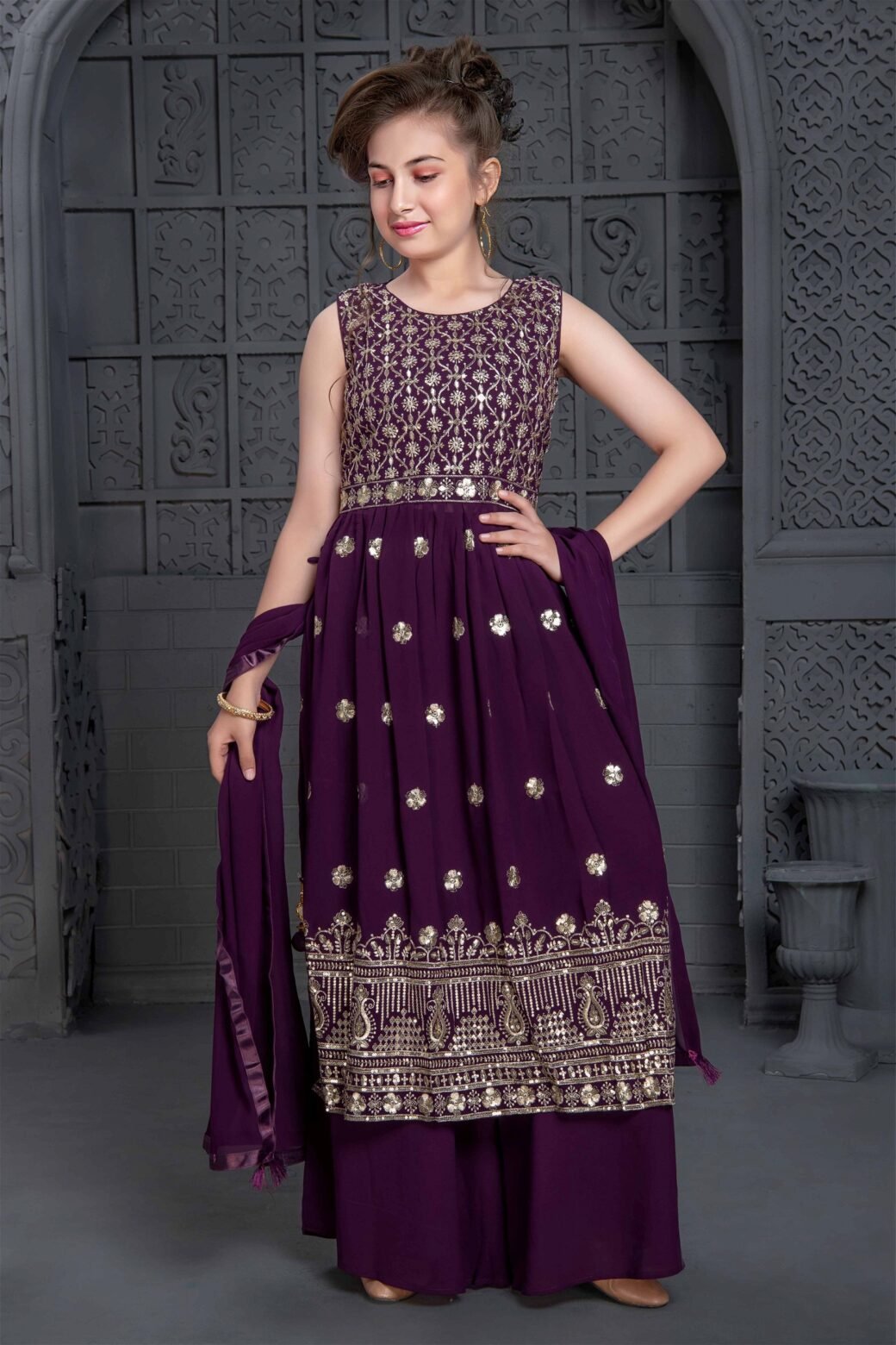 Purple Color Wedding Designer Georgette Naira cut salwar suit For Kids/Girls