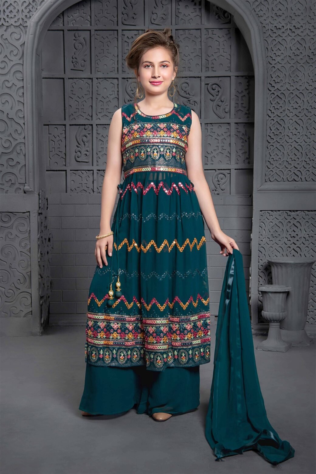 Teal Blue Color Wedding Designer Georgette Naira cut salwar suit For Kids/Girls