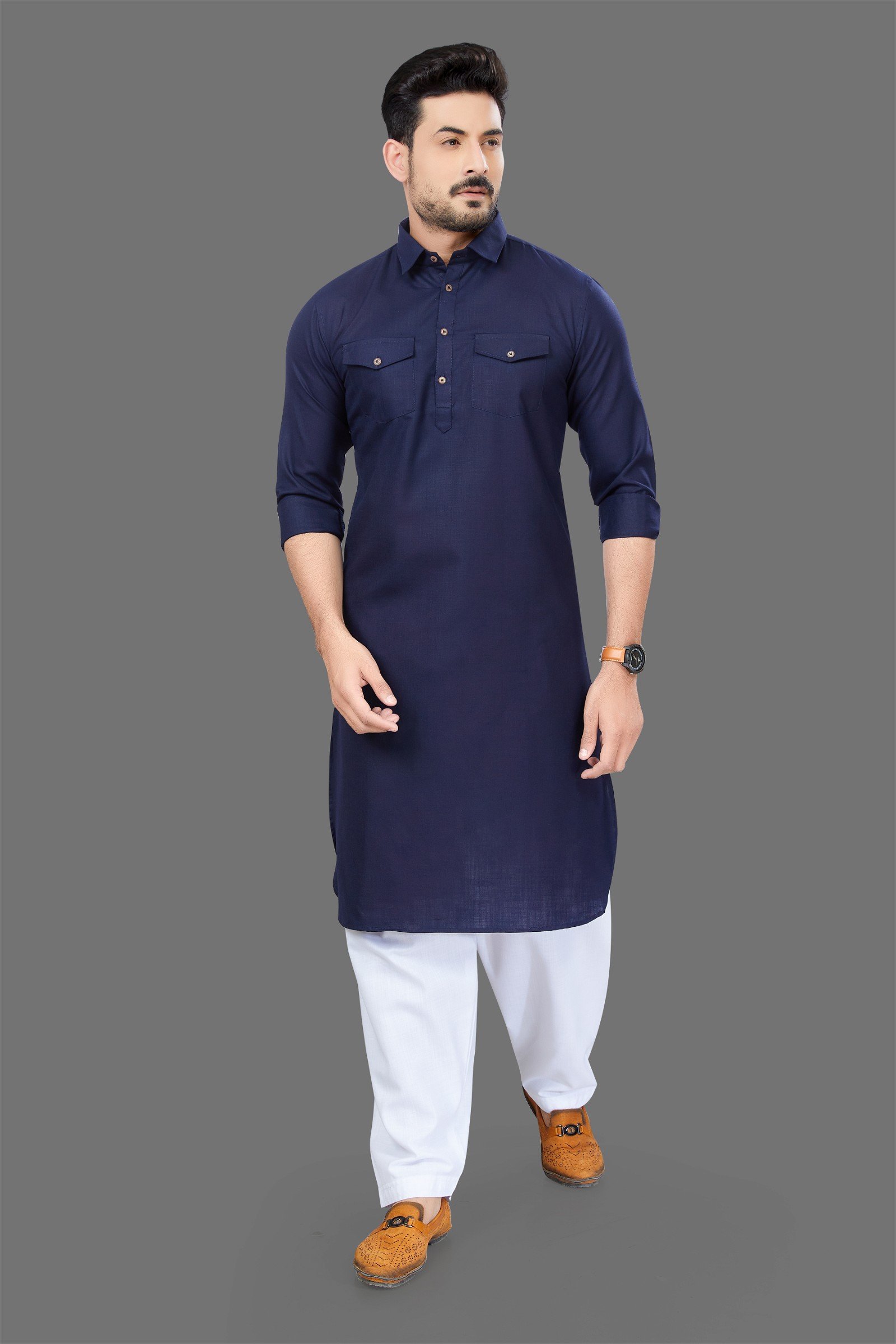 Navy Blue Colour Mens Pathani Kurta Pajama myindianattire