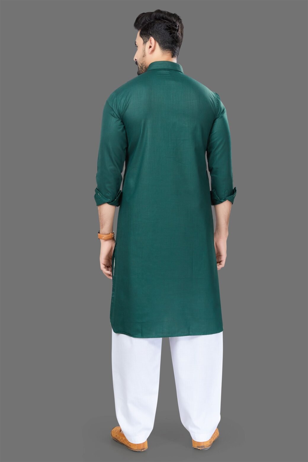 Bottle Green Colour Mens Pathani Kurta Pajama - Image 2