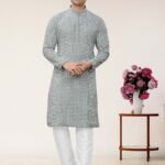 Mens Wear Gray Colour Styles Kurta With Pajama