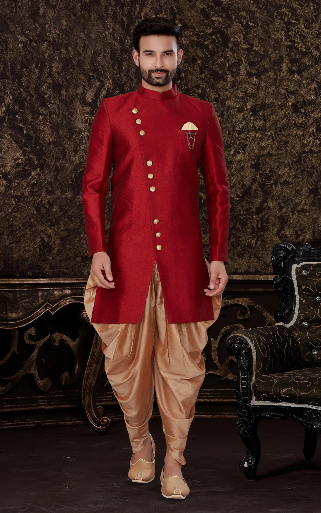 Red Mens Sherwani With Dhoti