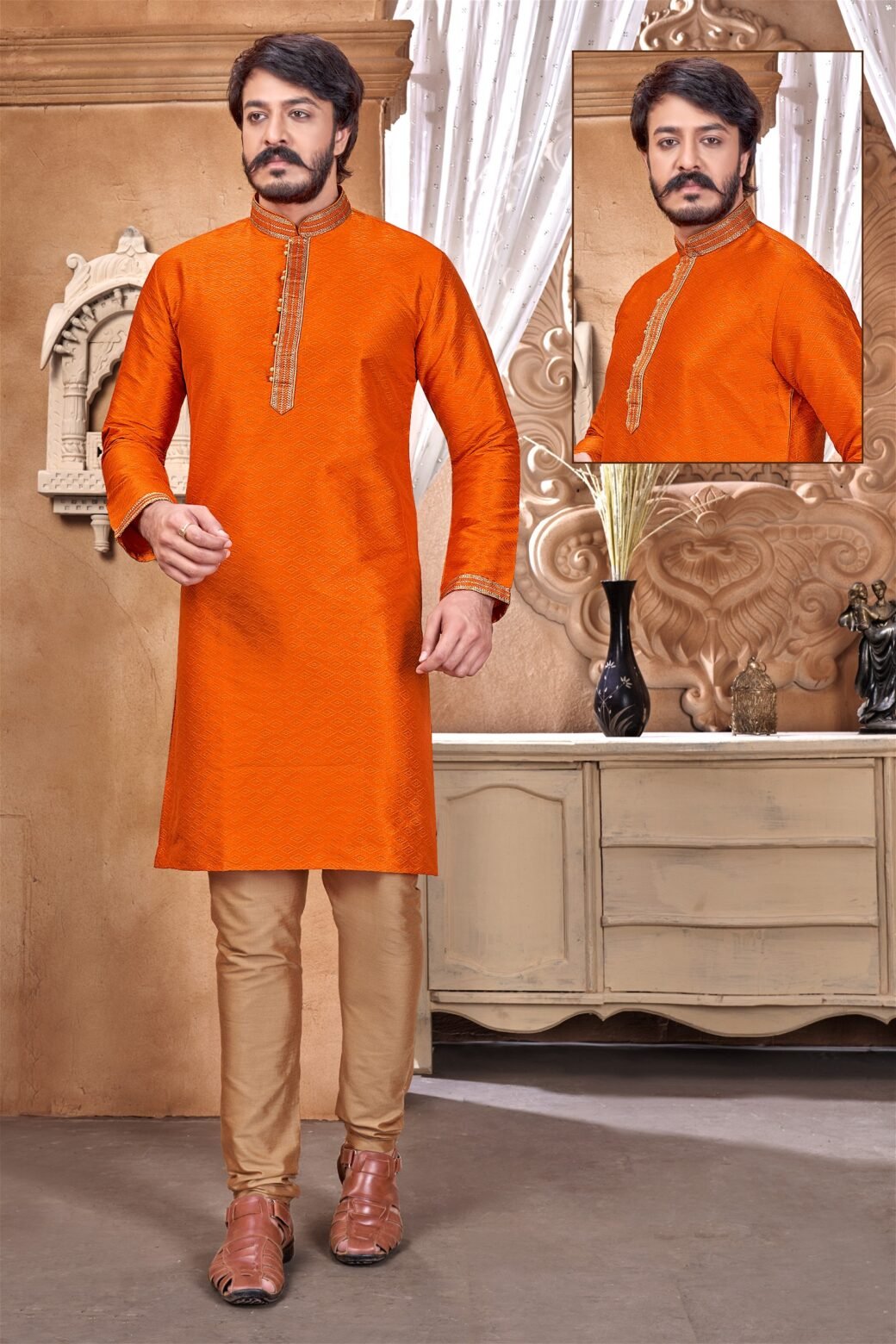 Orange Colour Mens Designer Party Wear Kurta With Pajama