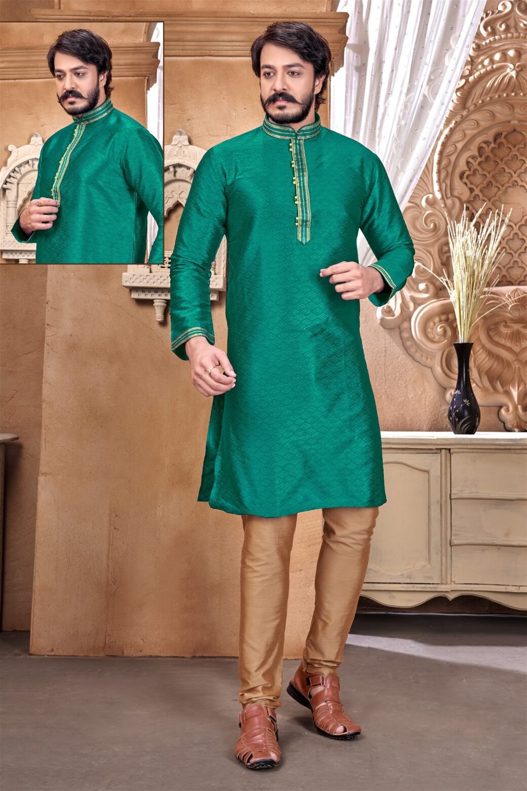 Green Colour Mens Designer Party Wear Kurta With Pajama