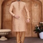 Beige Colour Mens Traditional Party Wear Kurta With Pajama