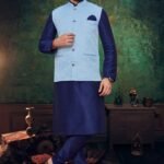 Sky Blue Colour Mens Function Wear Jacket With Kurta Pajama
