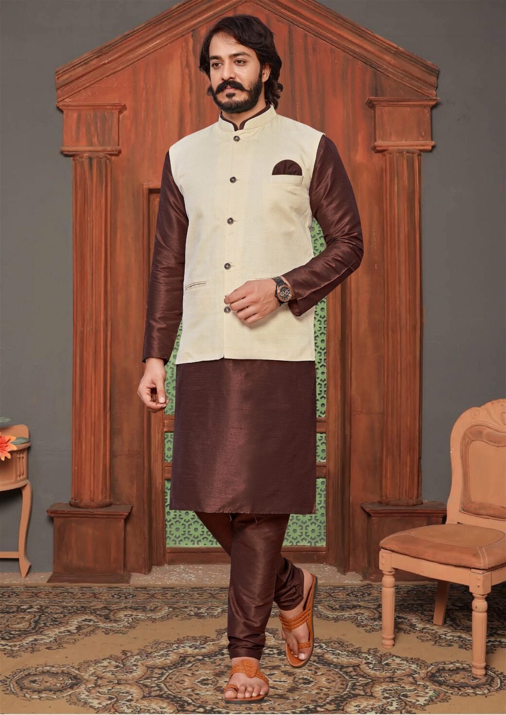 Cream Colour Mens Function Wear Jacket With Kurta Pajama