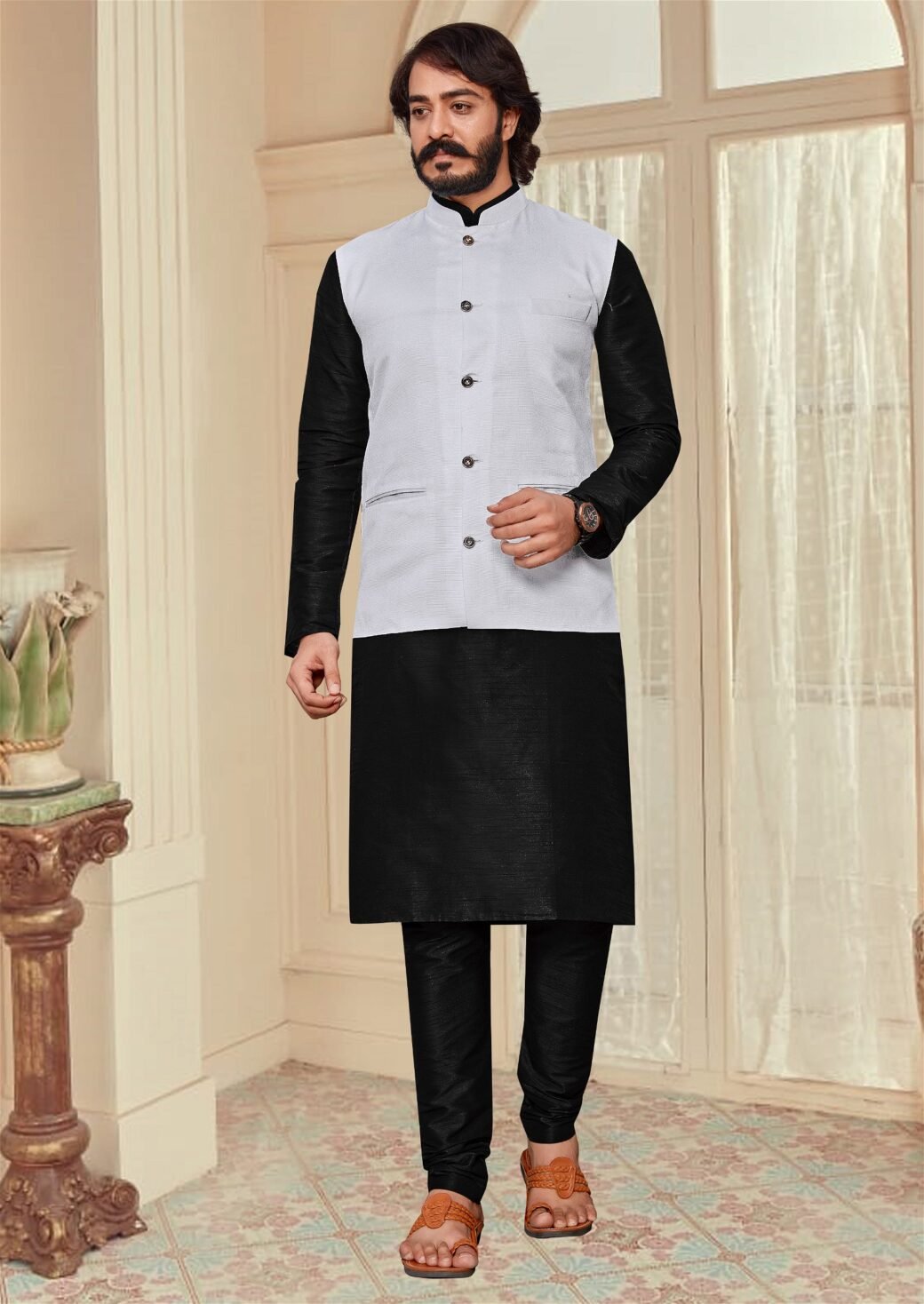 Black And White Colour Mens Function Wear Jacket With Kurta Pajama