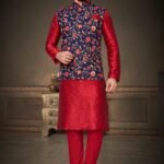 Red And Navy Blue Colour Mens Function Wear Jacket With Kurta Pajama Collection
