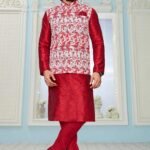 Red And Off White Colour Mens Function Wear Jacket With Kurta Pajama Collection