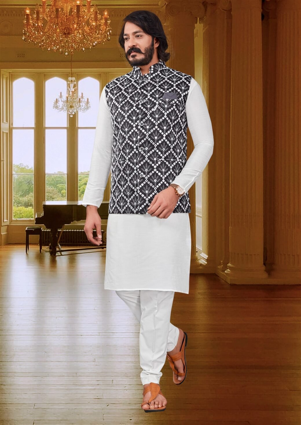 Black Colour Mens Exclusive Jacket With Kurta Pajama Collection