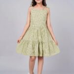 Green Colour Cotton Girls Casual Dress