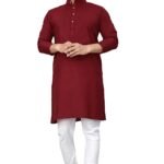 Maroon Plain Semi Cotton Full Kurta Pajama For Men